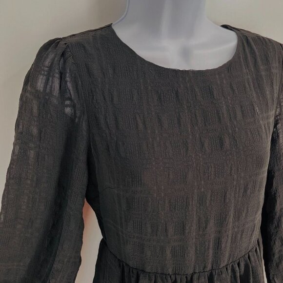 Madewell Puff-Sleeve Ruffle-Hem Mini Dress Size 00 Black Lined Woven Plaid - Picture 3 of 16